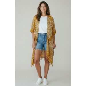 Woven Heart Mustard Yellow Mandala Tassel Kimono Cardigan One Size